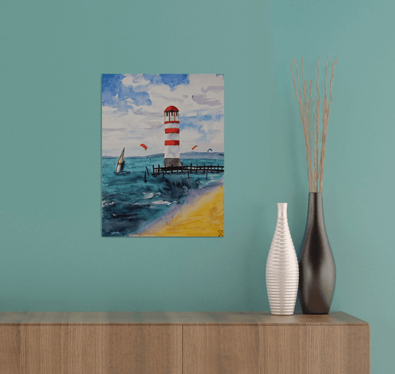 Lighthouse watercolor original painting, seascape wall art, coastal home decor