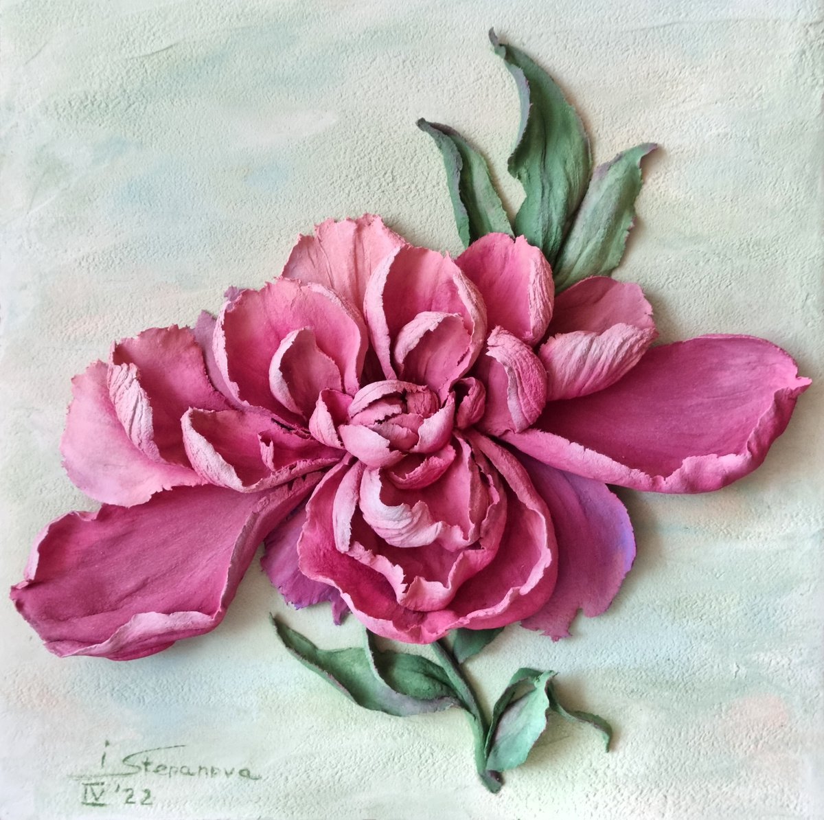 Photorealistic Botanical Relief By Irina Stepanova, 10 X 10, Wine Peony. Purple-Red Flower, Original Artwork