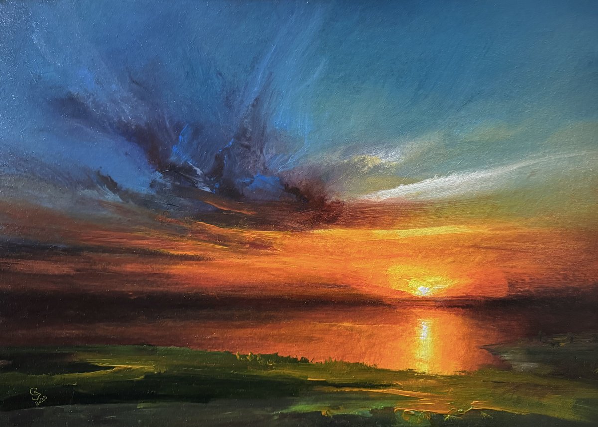 Expressive Landscape Acrylic Painting By Ivan Grozdanovski, 29 X 21, Evening Sky, Original Artwork