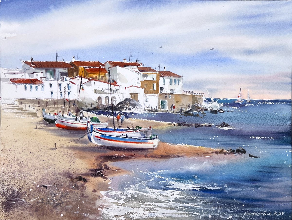 Impressionistic Watercolour , Boats Of Calella. Spain By Eugenia Gorbacheva, 16 X 12, Artwork For Sale On Artfinder