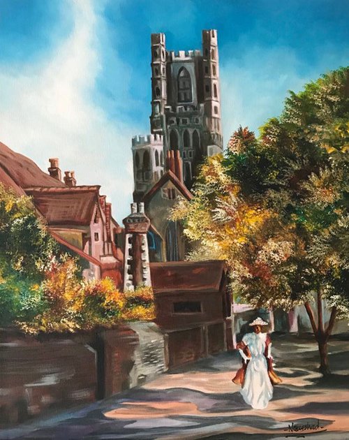 Original Acrylic painting on stretched Canvas. Scenery, Landscape, Ely Cathedral British Art by Naushad Arts
