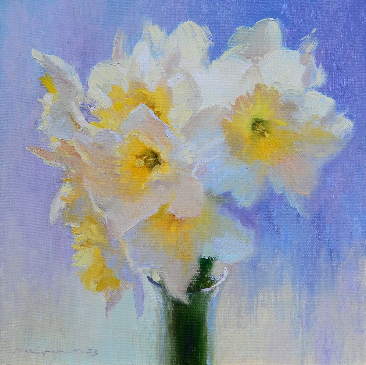 Impressionistic Botanical Oil Painting By Ruslan Kiprych, 12 X 12", Glowing Daffodils, Original Artwork