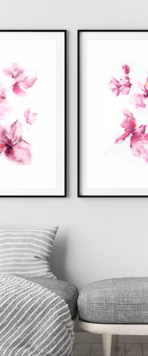 Pink watercolor floral paintings set by Olga Grigo