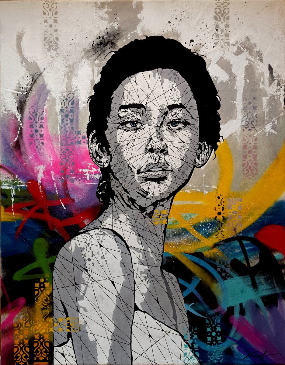 Urban And Pop Portrait Painting By Sisc, 28 X 35", Echoes Of Serenity, Original Artwork