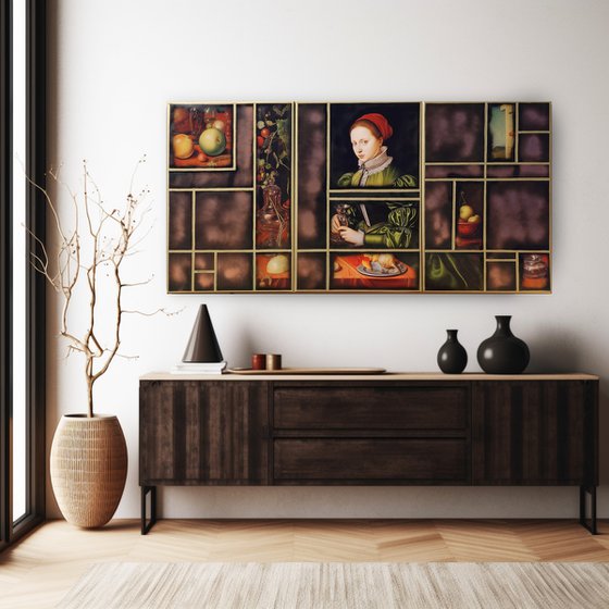 Renaissance portrait A1163 - triptych, original acrylic painting and collage by artist Ksavera