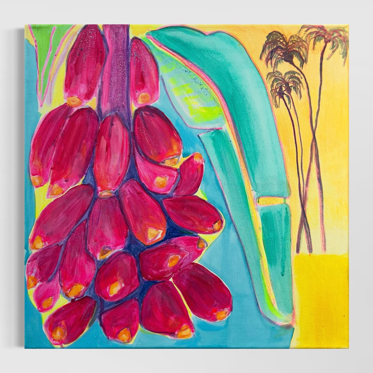 Organic Botanical Acrylic Painting By Kathryn Sillince, 22 X 22", Musa Velutina At Sunset, Original Artwork