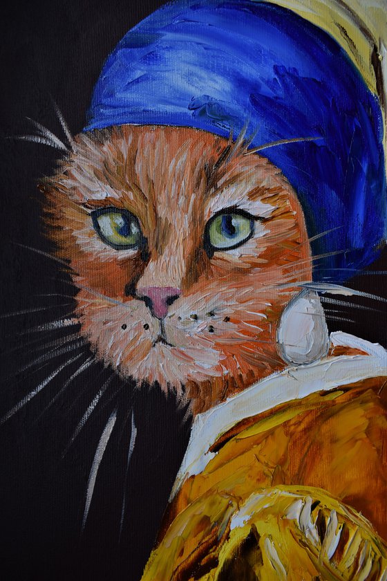 Cat with the pearl earring inspired by Vermeer painting feline art for cat lovers gift idea