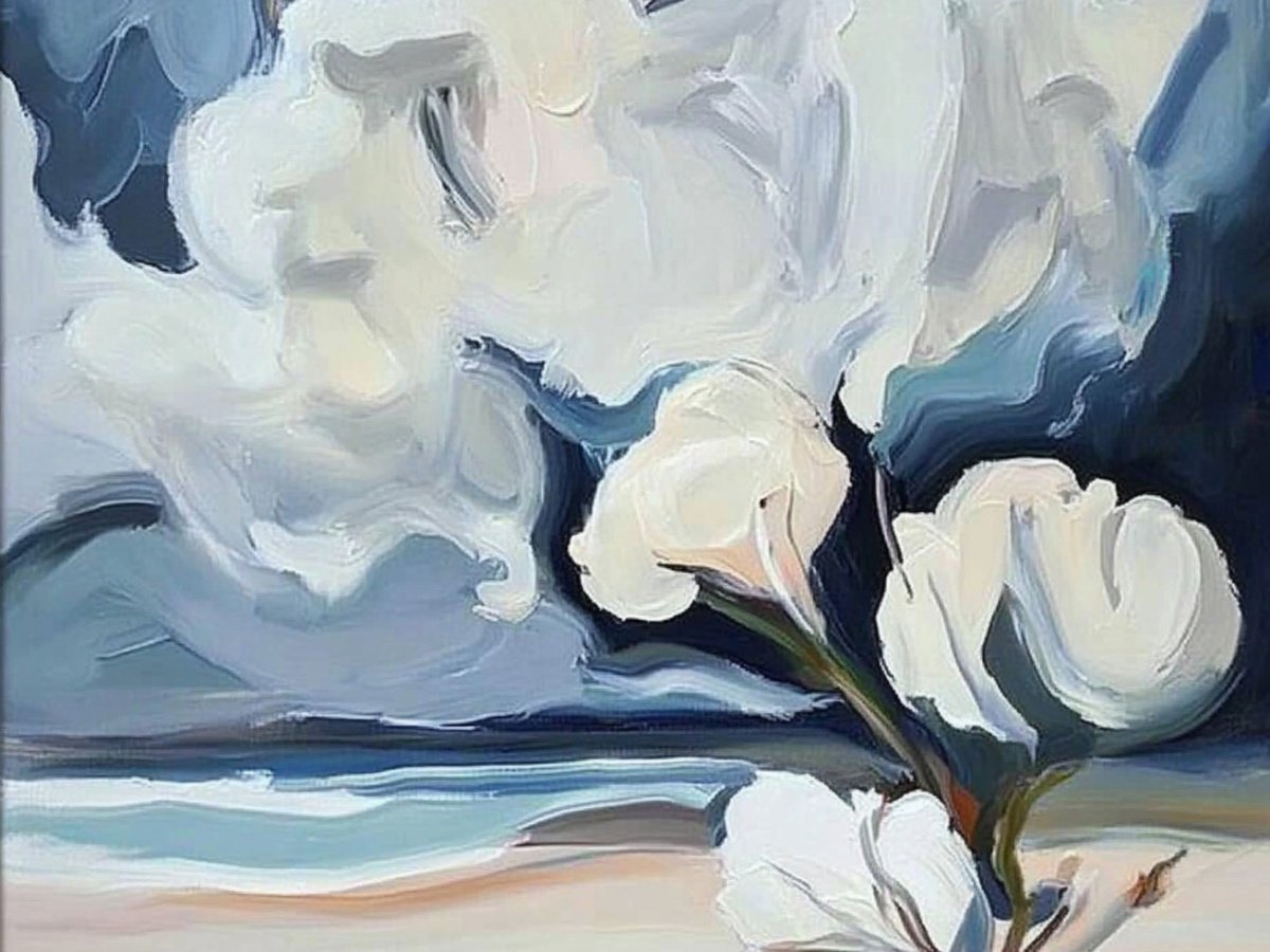 Abstract Landscape Print By Elena Avanesova, 31 X 24, White Flowers On The Beach, Original Artwork