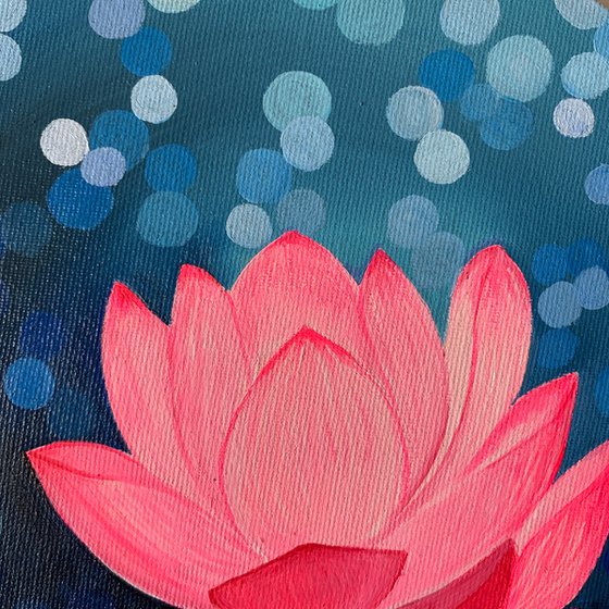 Bokeh mode Lotus! Ready to hang! Pink flower art! Blue background art