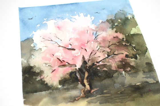 Flowering tree in watercolor, Spring tree