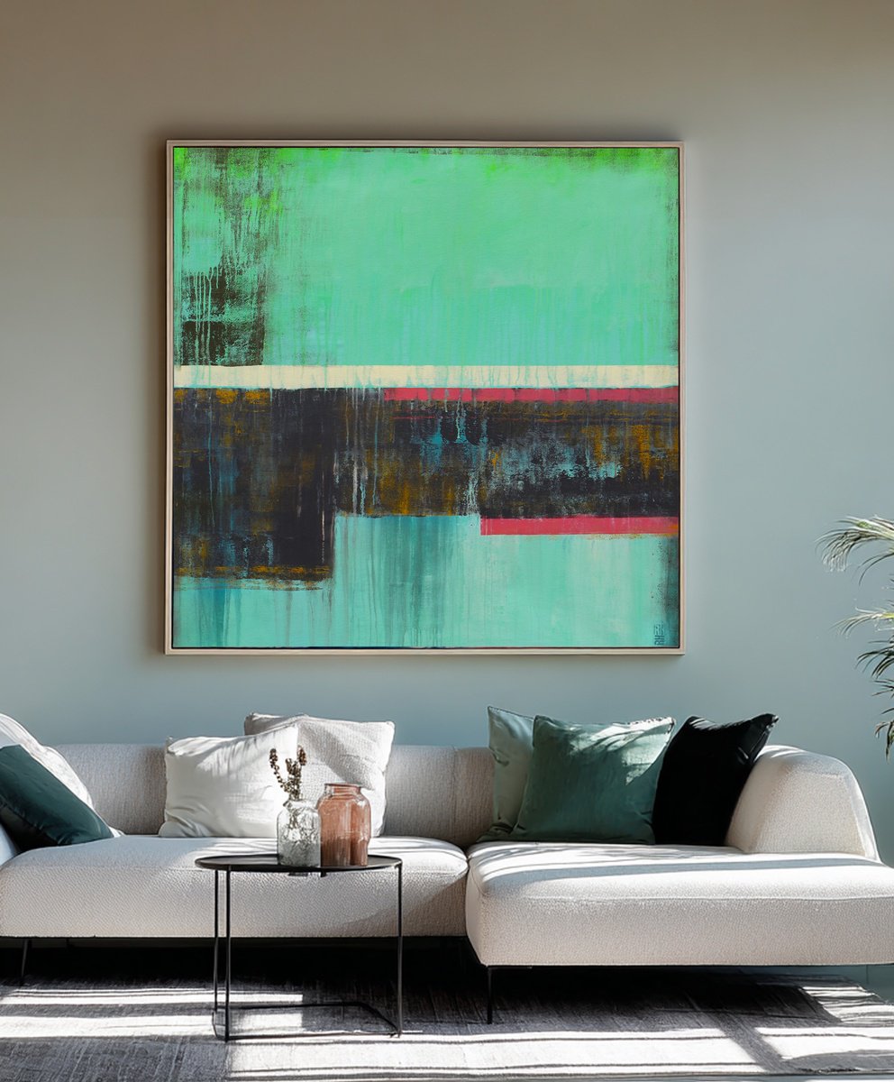 Abstract Acrylic Painting By Ronald Hunter, 49 X 49", Untitled Black - Turquoise, Original Artwork