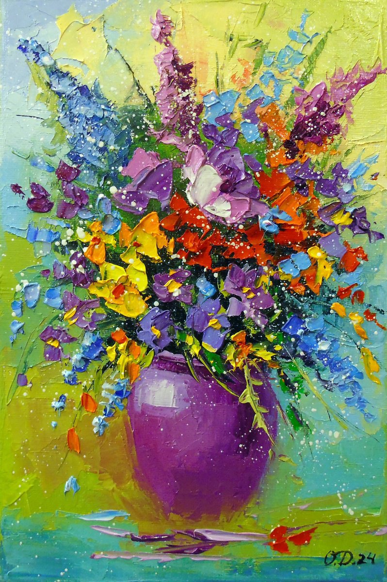 Impressionistic Botanical Oil Painting By Olha Darchuk, 8 X 12", A Bouquet Flowers In A Vase, Original Artwork