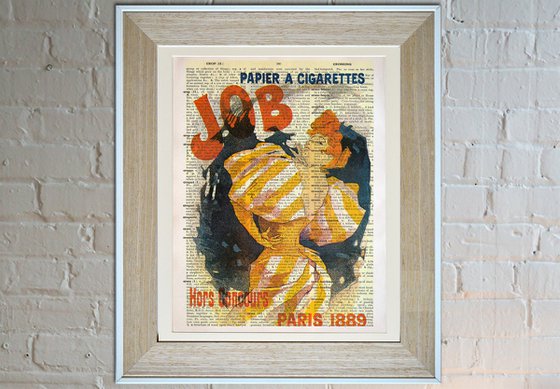 Job, papier a cigarettes - Collage Art Print on Large Real English Dictionary Vintage Book Page