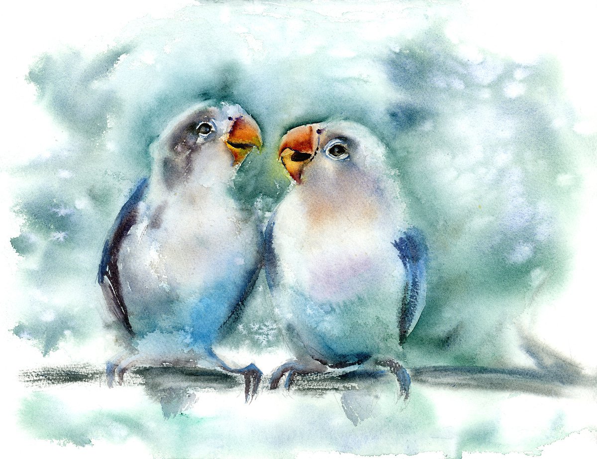 Impressionistic Animal Watercolour By Olga Tchefranov (Shefranov), 15 X 12", Pair Of Parrots, Original Artwork