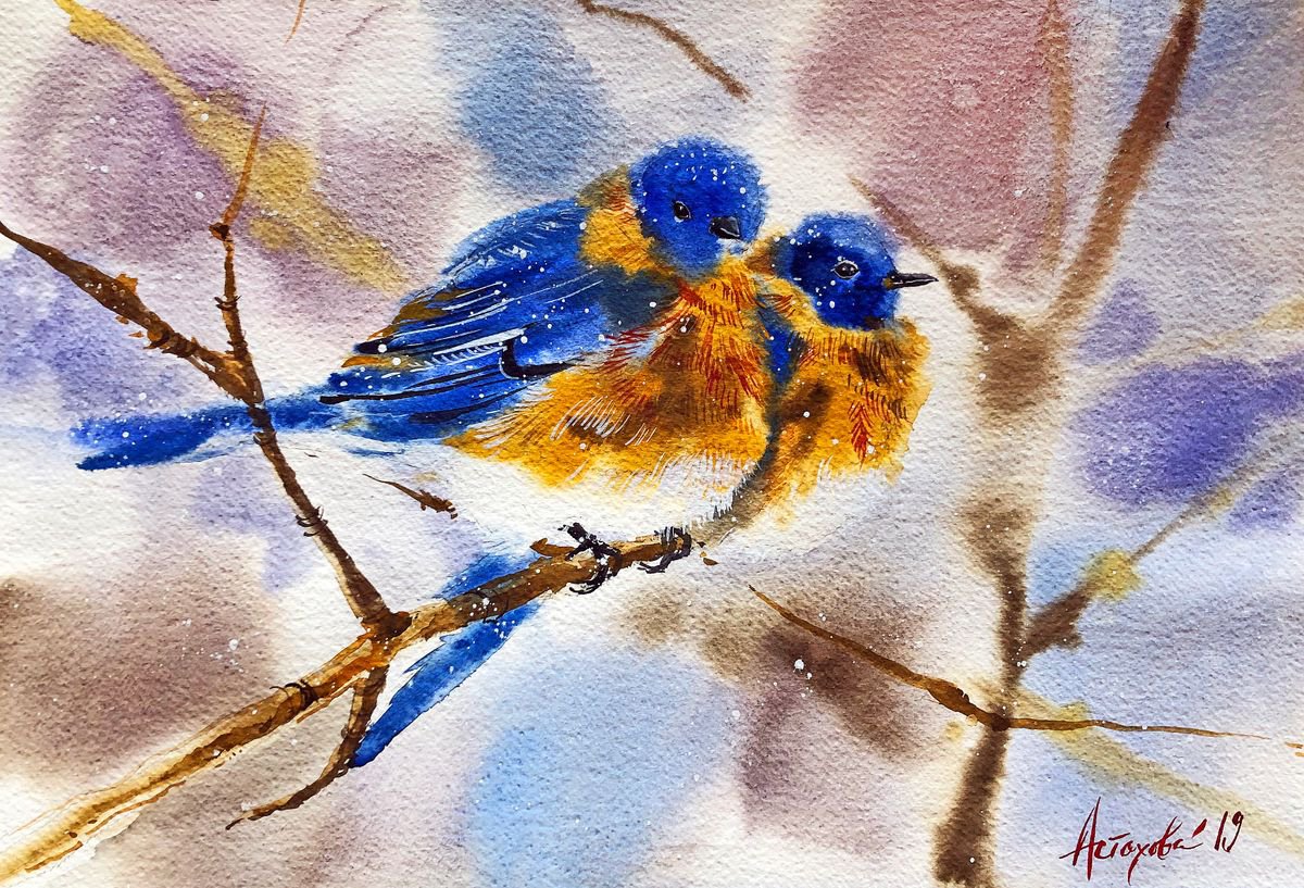 Impressionistic Animal Watercolour By Ksenia Astakhova, 20 X 14", Bluebirds, Original Artwork