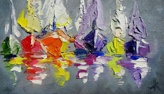 Quiet harbor. Oil painting landscape yacht original painting sea with yachts modern painting Impressionism made by palette knife
