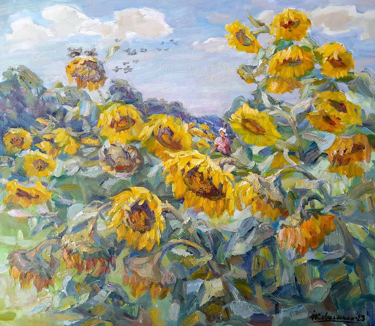 Impressionistic Botanical Oil Painting By Ivan Kovalenko, 31 X 28, Among The Sunflowers, Original Artwork