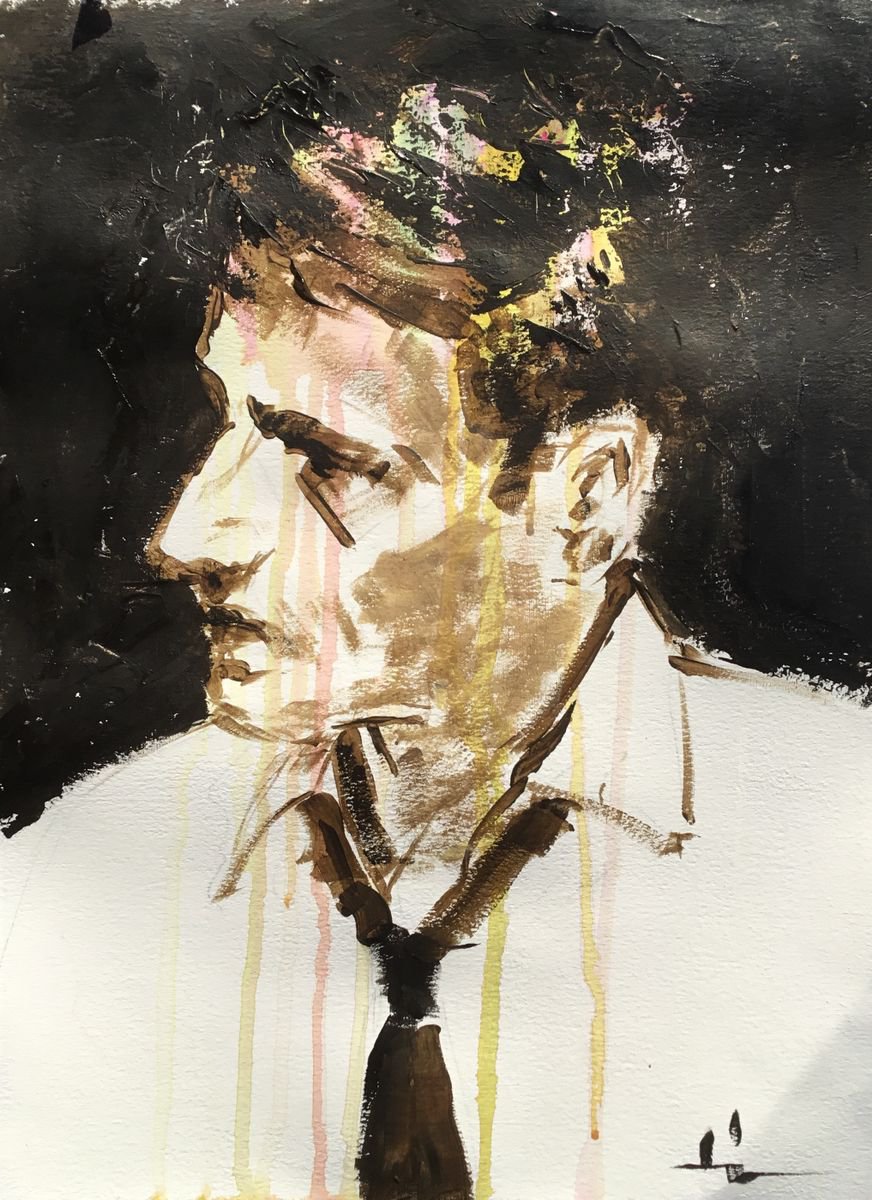 Expressive Portrait Acrylic Painting By Dominique Deve, 12 X 16, Portrait Of Charles Denner, Original Artwork