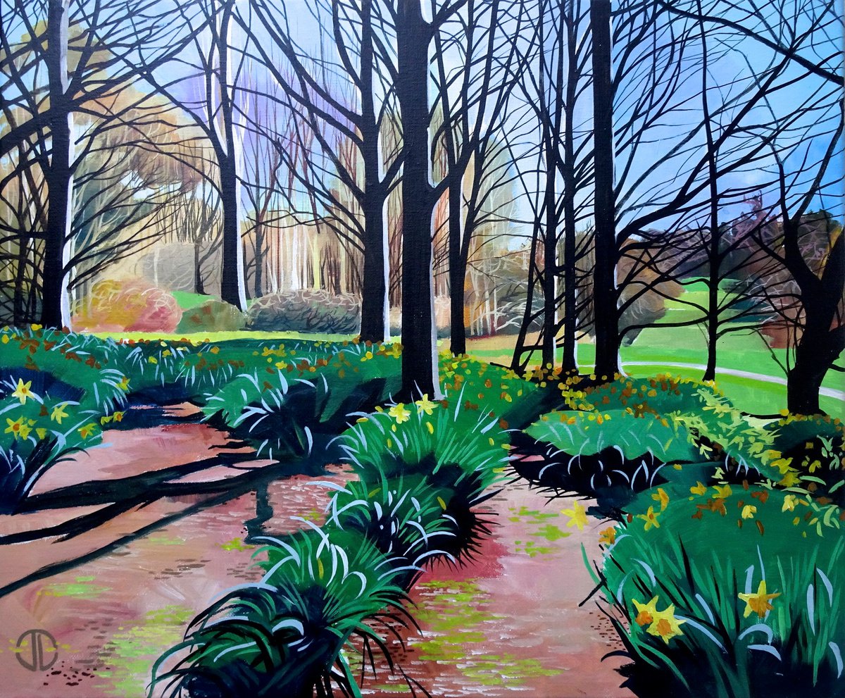 Impressionistic Landscape Acrylic Painting By Joseph Lynch, 24 X 20, Daffodil Morning, Original Artwork