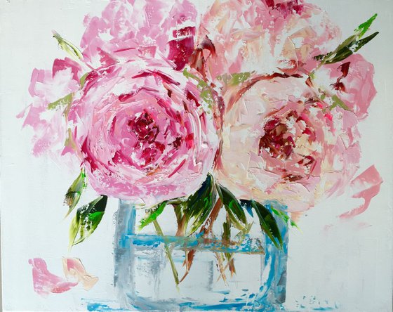 Pink Peonies in a glass Vase- oil on canvas 24"x30"