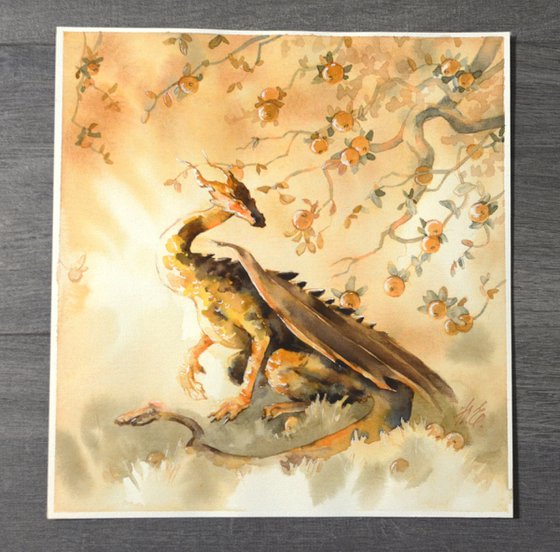 Dragon and golden apple trees Fantasy painting in watercolor