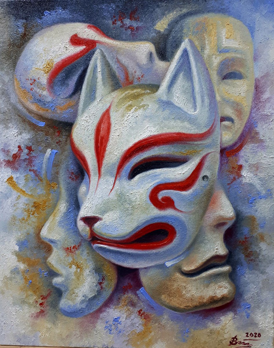 Urban And Pop Still Life Oil Painting By Serhii Voichenko, 16 X 20", Kitsunie Japanese Fox Demon, Original Artwork