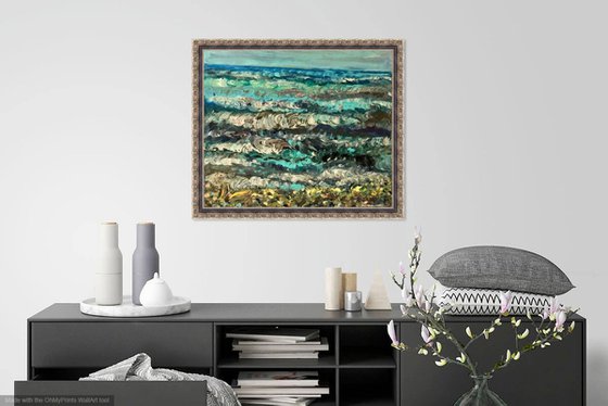 CASPEAN SEA - original oil landscape painting, seascape, beach, seashore, waves, turquoise blue colours 60x70