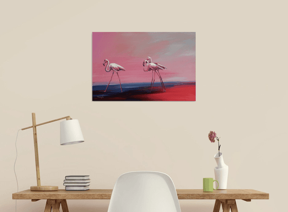 Flamingos. Flamingoes. Fire birds. Morning walking. Landscape. Birds in the Water. Country. Autumn.
