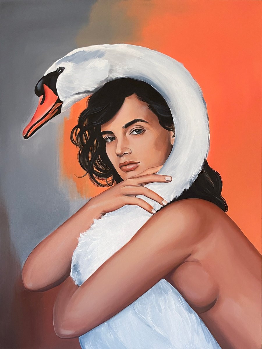 Portrait Acrylic Painting By Elina Zelena, 20 X 28, Woman And Swan, Original Artwork