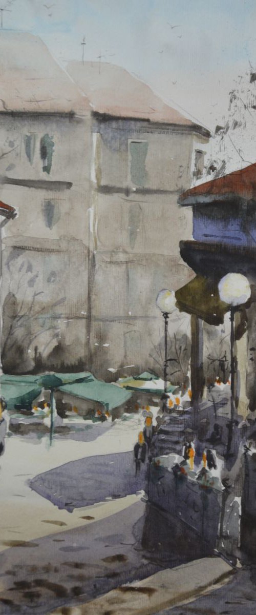 Autumn sun, Skadarlija, Beograd - original watercolor painting by Nenad Kojić by Nenad Kojić watercolorist