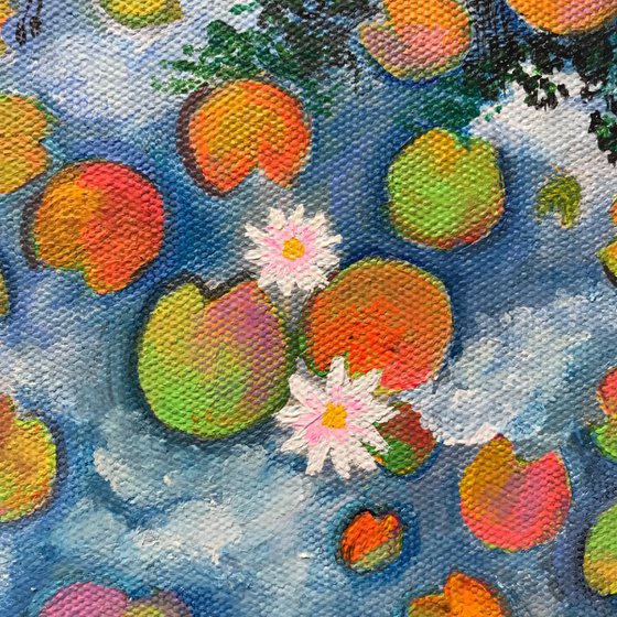 Sky reflections in waterlilies pond! Small Painting!!  Ready to hang