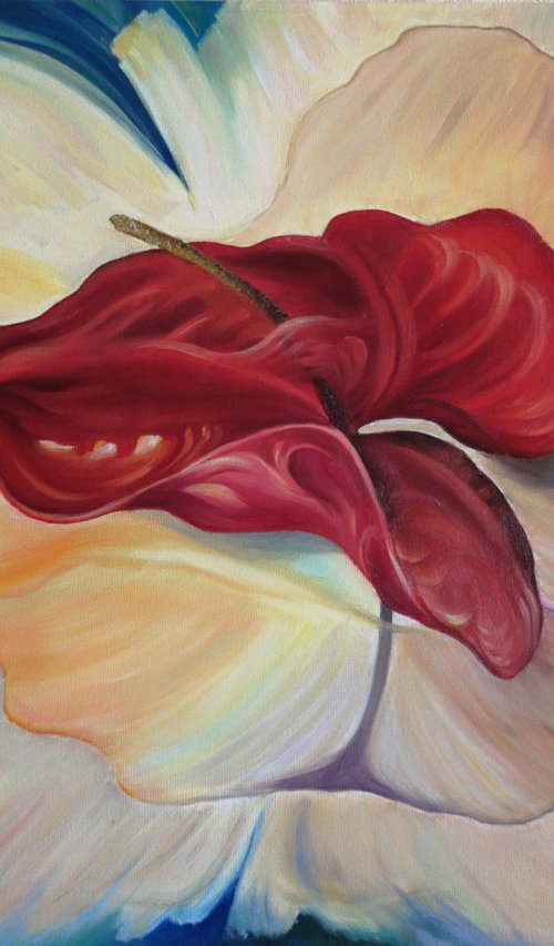 Fantastic Anthurium - oil painting, original gift, home decor, Flowering, Spring, Leaves, Red, Sexy, poster, Bedroom, Living Room by Natalie Demina