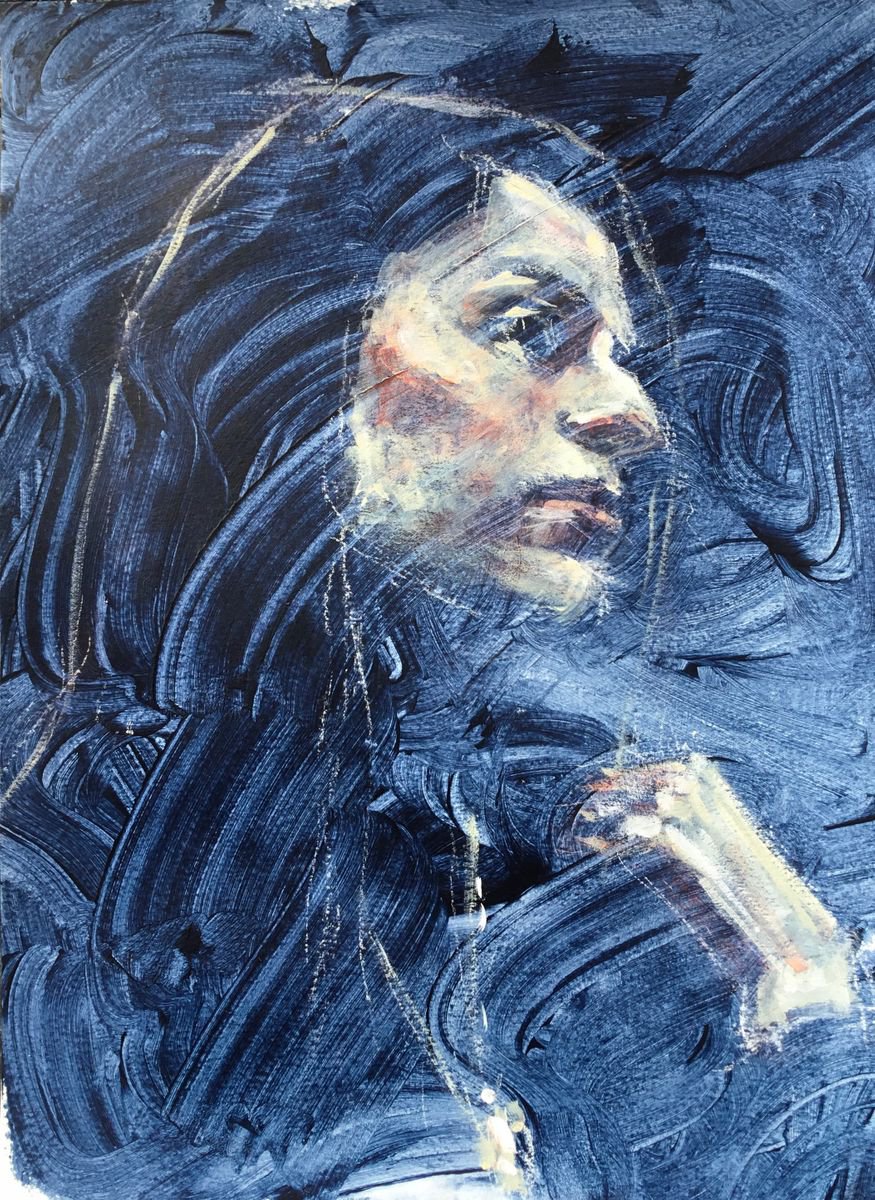 Expressive Portrait Acrylic Painting By Dominique Deve, 12 X 16, Le Medaillon, Original Artwork