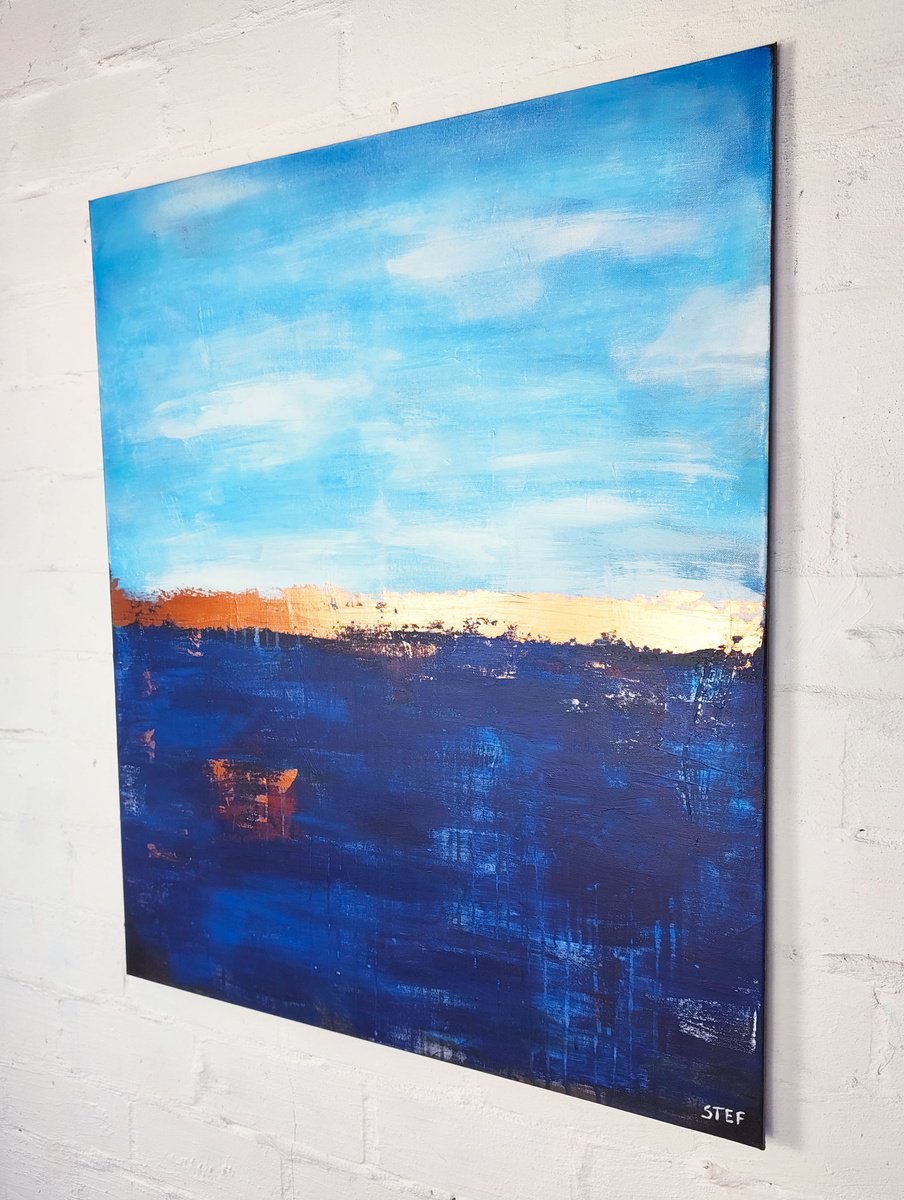 Abstract Acrylic Painting By Stefanie Rogge, 31 X 39", Deep Sea #11 - Bronze In Blue, Original Artwork