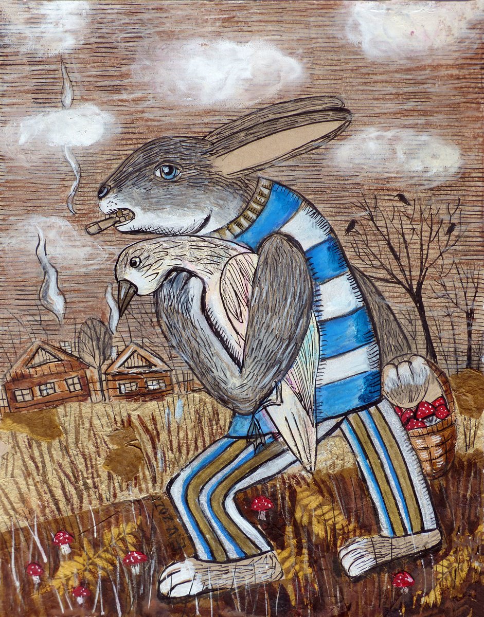 Surrealistic Animal Painting By Elizabeth Vlasova, 11 X 14, Coming Back Home, Original Artwork