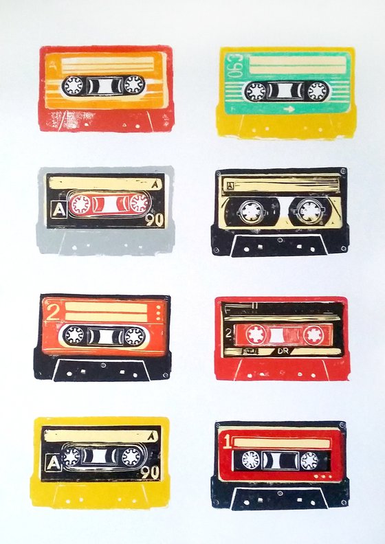 Linocut tapes #56 (cassette tapes, retro music, 70's, 80's rock culture)