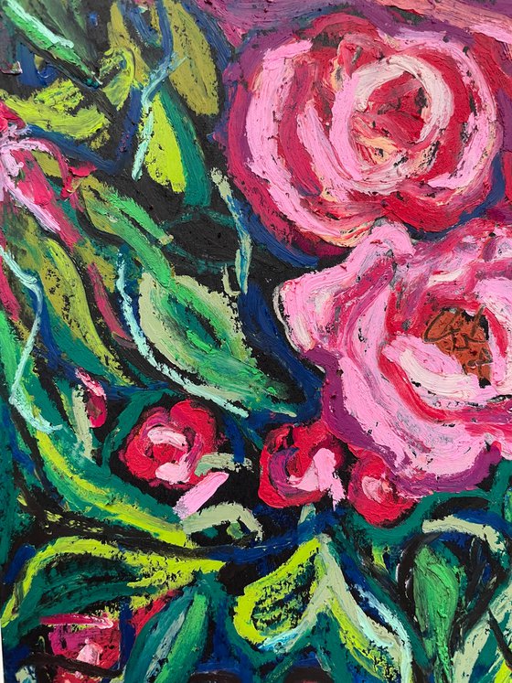 Rose Original Panting, Pink Flowers Oil Pastel Drawing, Gift for Her, Bright Colorful Wall Art