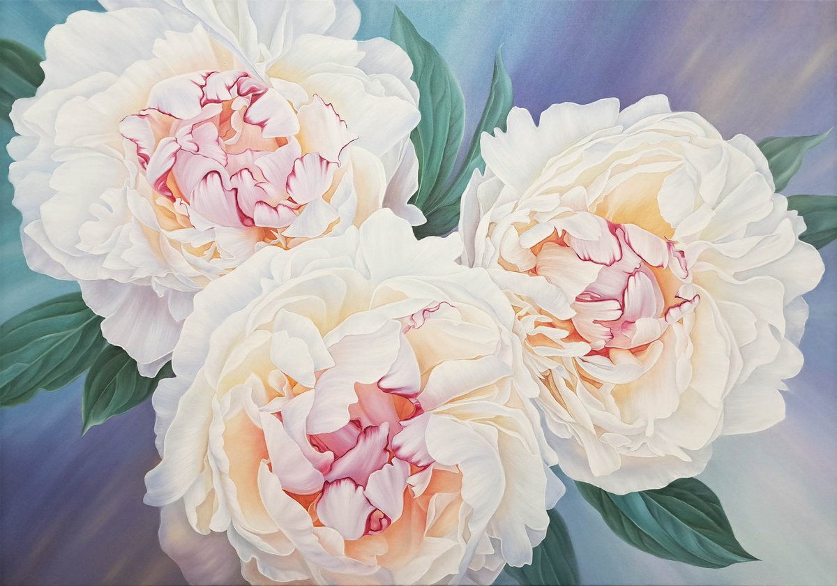 Summer charm, white peonies painting, floral art by Anna Steshenko