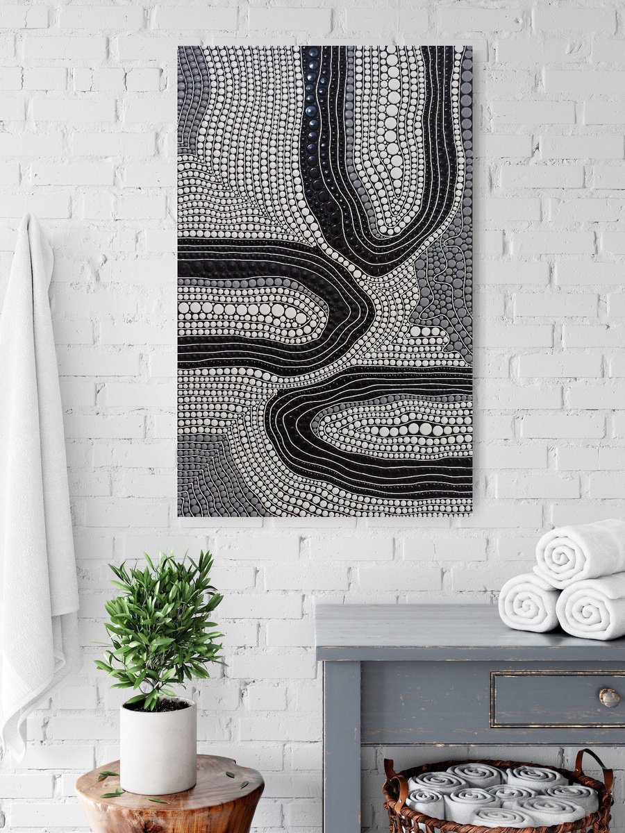 Geometric Abstract Acrylic Painting By Oxana Lazari, 20 X 31", Monochrome Flow, Original Artwork