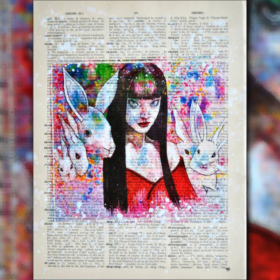 Alice And Bunny - Collage Art on Large Real English Dictionary Vintage Book Page