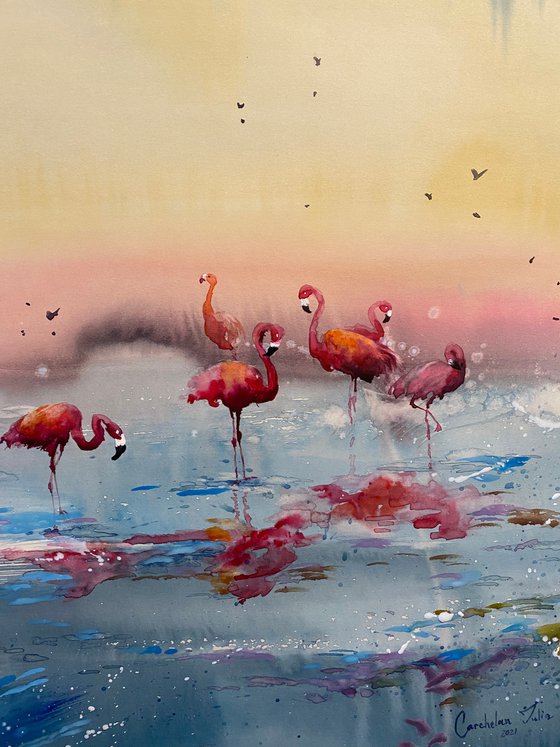 SOLD Watercolor “Flamingos Heaven” perfect gift