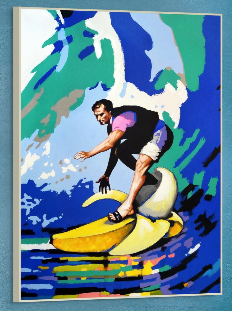 Urban And Pop Portrait Oil Painting By Evgen Semenyuk, 43 X 59, Banana Surfer, Original Artwork
