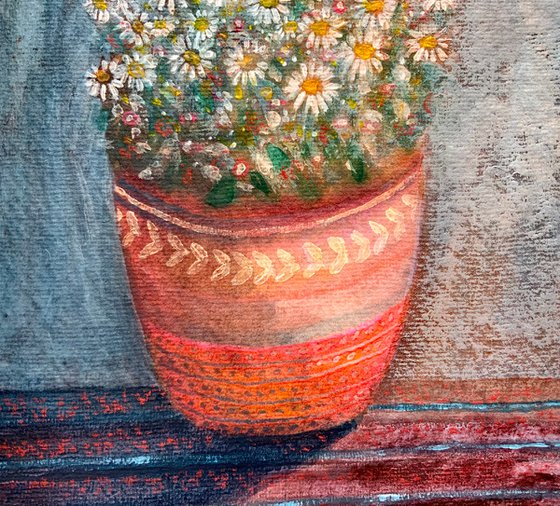 Daisy Pot, still life watercolour and acrylic painting