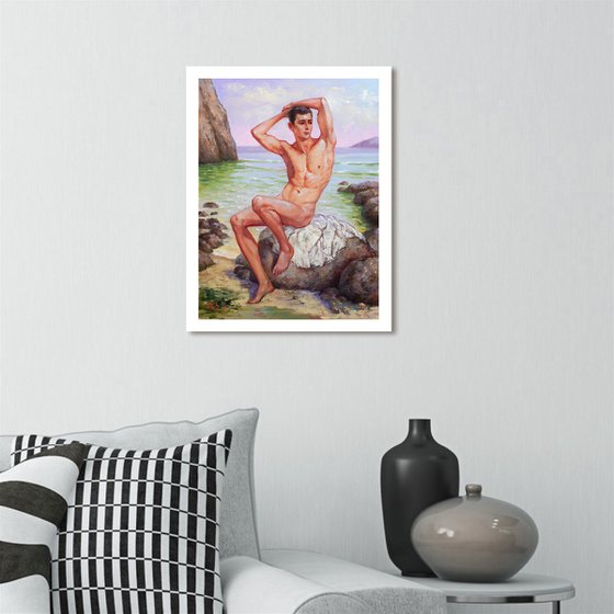 ITALIAN BOY by the SEA - Timeless Beauty and Seaside Serenity: Oil Painting on Canvas of a Stunning Italian Young Man Resting on Shoreline