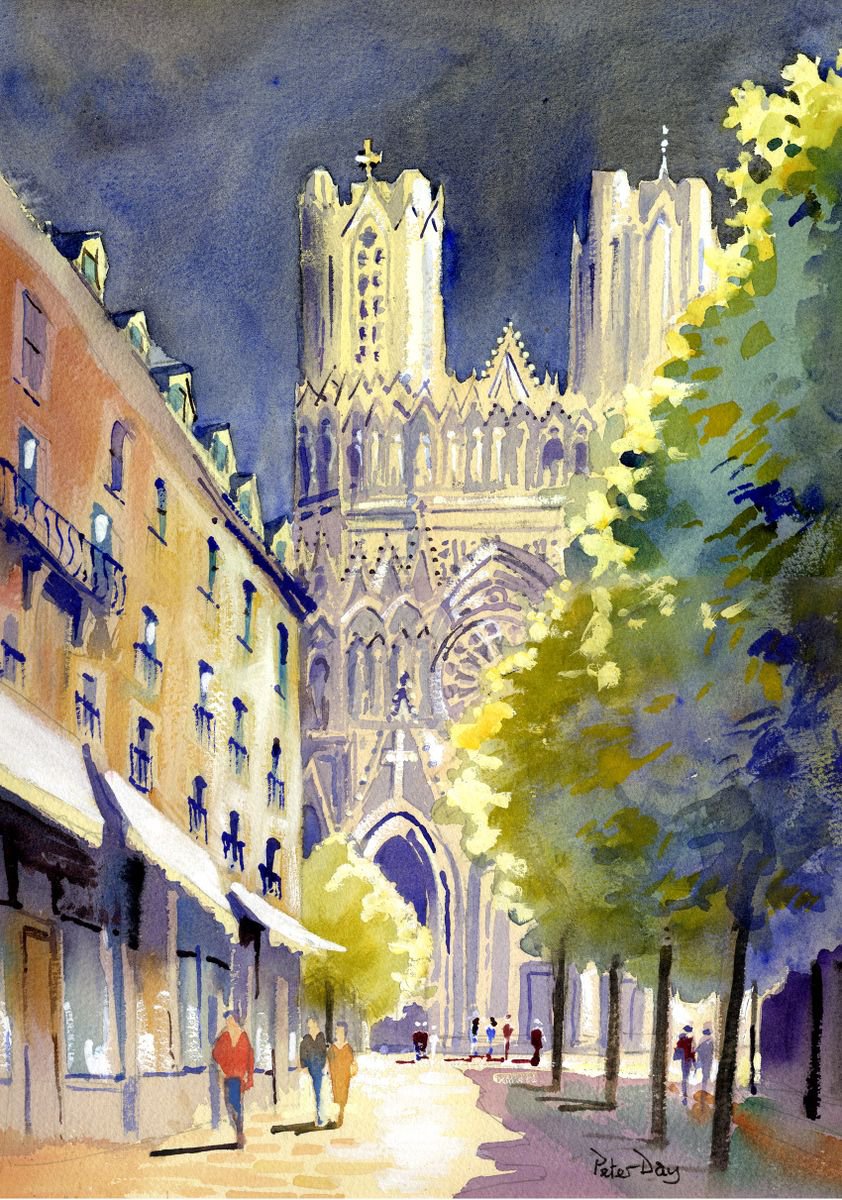 Impressionistic Cityscapes Watercolour By Peter Day, 13 X 17", Reims Cathedral, Original Artwork