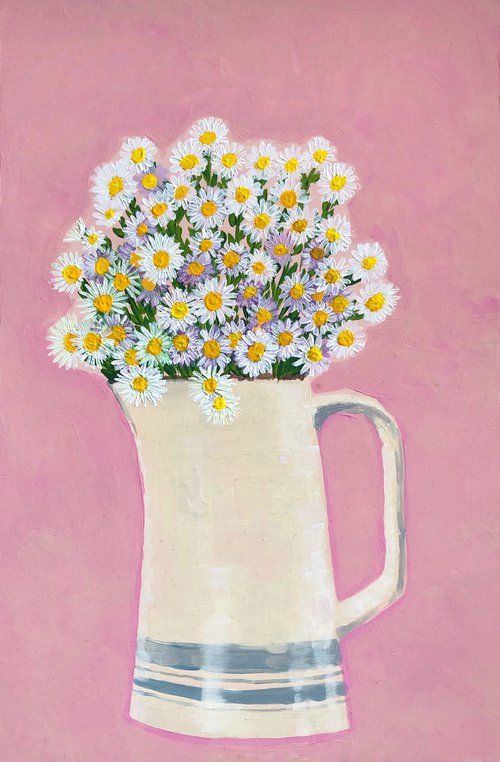 Daisies in vase on pink by Ihnatova Tetiana