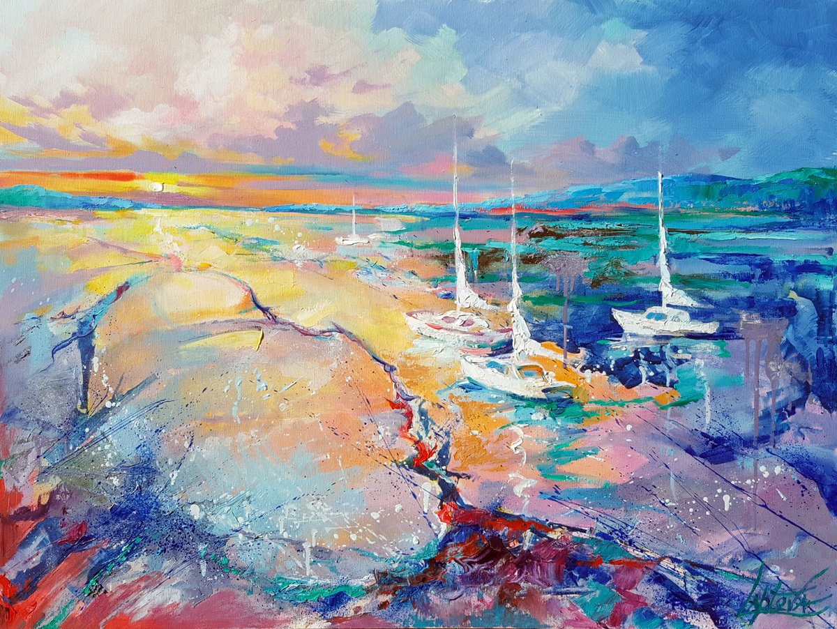 Organic Abstract Oil Painting By Viktoria Lapteva, 31 X 24", Evening Symphony, Original Artwork