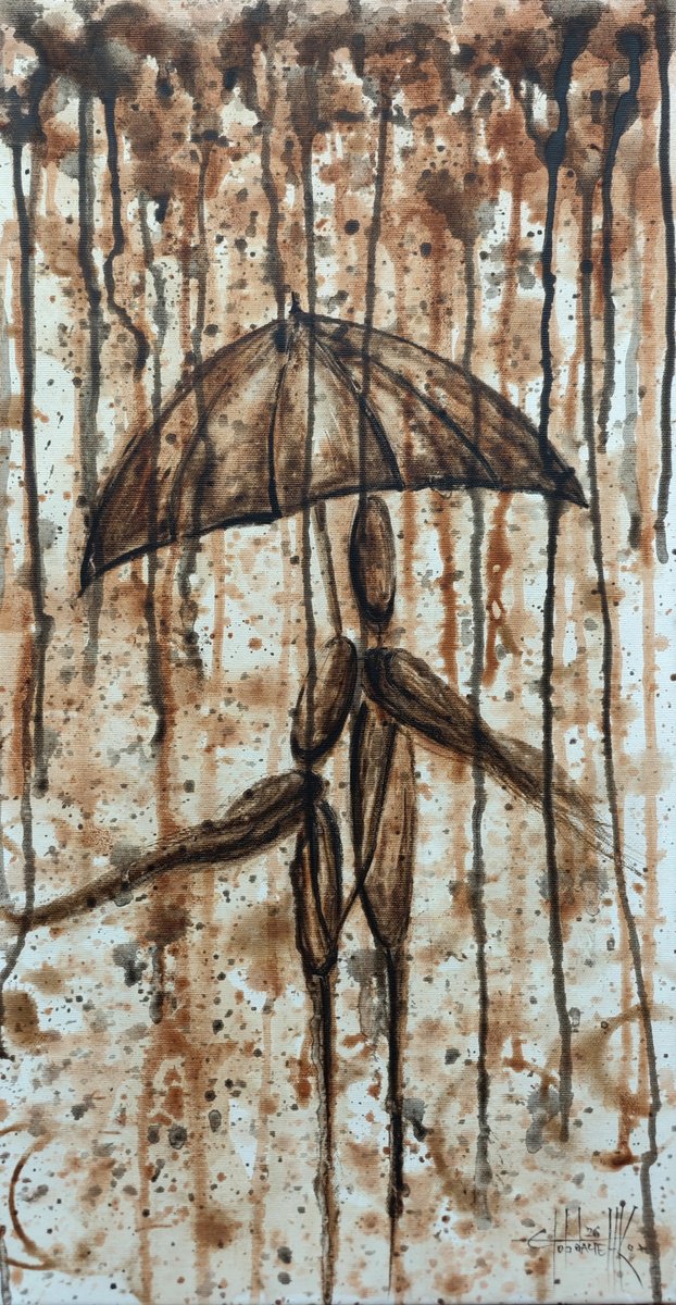Illustrative Watercolour , Two In The Rain By Eugene Gorbachenko, 13 X 25, Artwork For Sale On Artfinder
