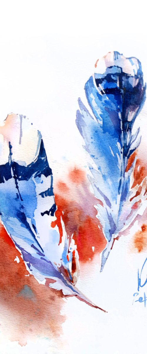 Watercolor sketch "Two blue bird feathers" v.2 original illustration by Ksenia Selianko