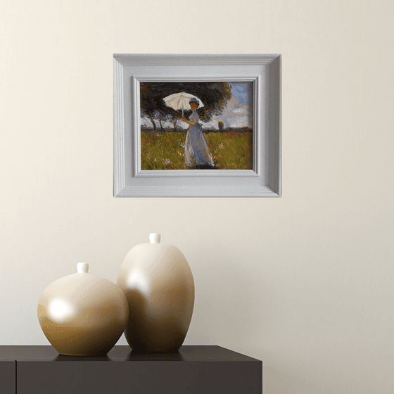 Woman with a Parasol; Framed & ready to hang home decor gift oil painting.